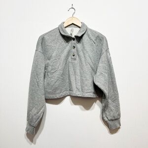 Alo Yoga Women's Henley Polo Long Sleeve Cropped Pullover Sweatshirt Gray Small